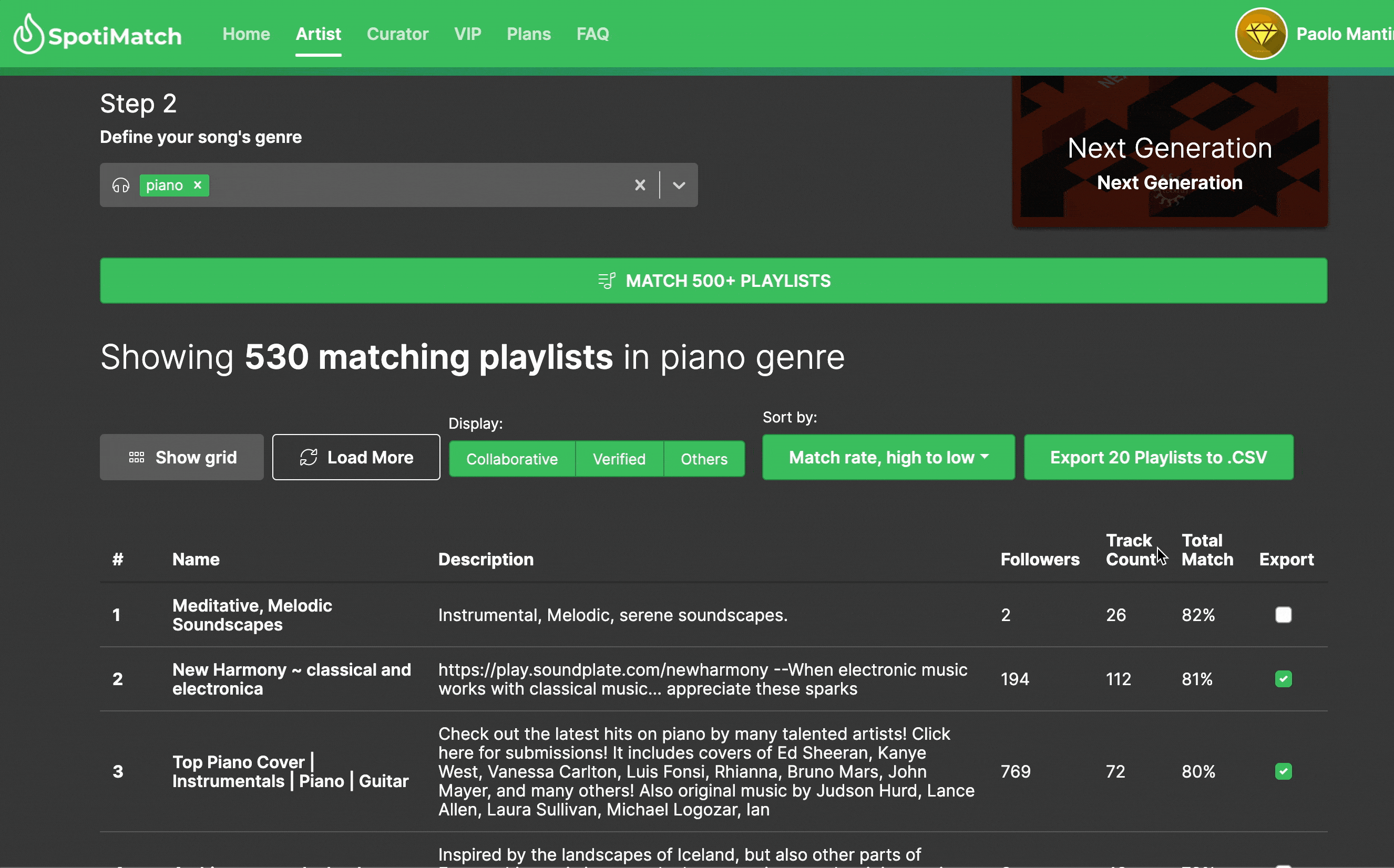 Come esportare milioni di contatti delle playlists su spotimatch.com?